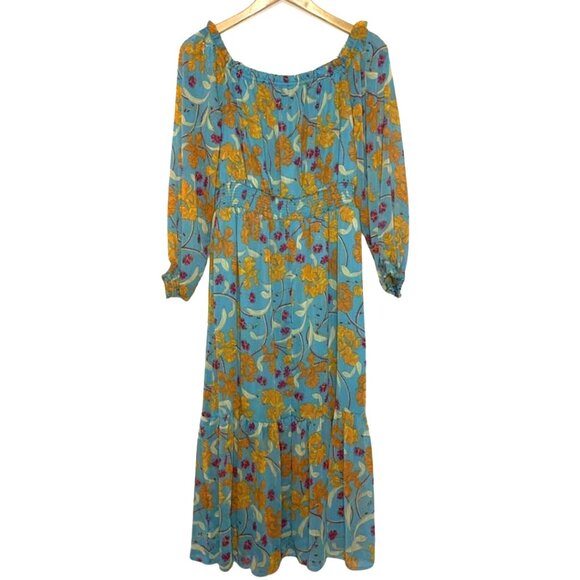 NWT Sofia Vergara 2-Way Off Shoulder Midi Dress Caneel Bay L Smocked - Picture 2 of 13